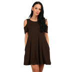 Women Summer Casual Spaghetti Strap Off Shoulder Ruffle Sleeves Shift Loose Mini Dress with Pockets